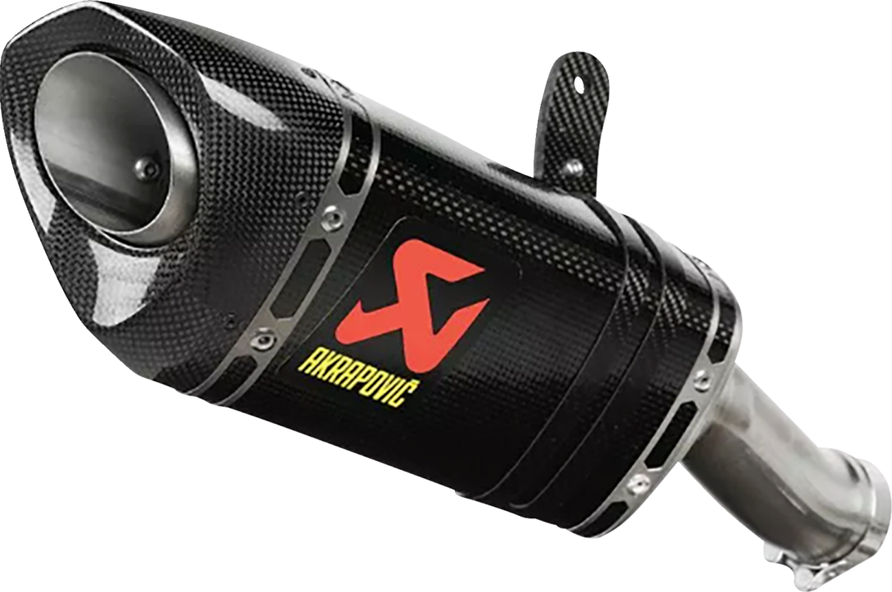 AKRAPOVIC Slip-On Line Muffler in carbon fiber for CFMOTO 450SR and NK, featuring sleek exhaust design and branding.