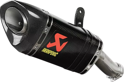 AKRAPOVIC Slip-On Line Muffler in carbon fiber for CFMOTO 450SR and NK, featuring sleek exhaust design and branding.