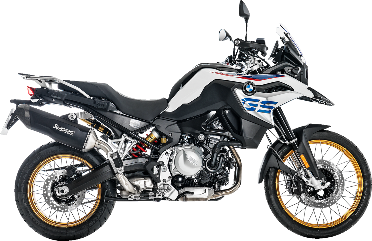 AKRAPOVIC Slip-On Line muffler for BMW F850GS in titanium black, showcasing sleek exhaust design and branding.