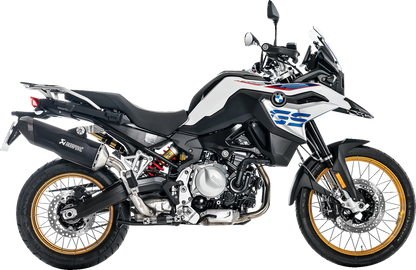 AKRAPOVIC Slip-On Line muffler for BMW F850GS in titanium black, showcasing sleek exhaust design and branding.