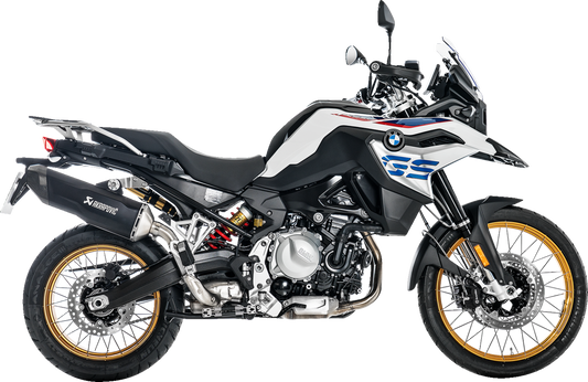 AKRAPOVIC Slip-On Line muffler for BMW F850GS in titanium black, showcasing sleek exhaust design and branding.