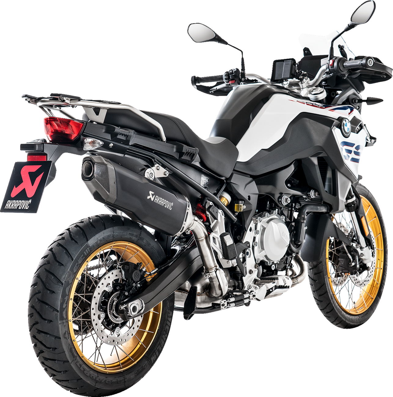 AKRAPOVIC slip-on line muffler for BMW F850GS in titanium black, showing the sleek motorcycle exhaust component.