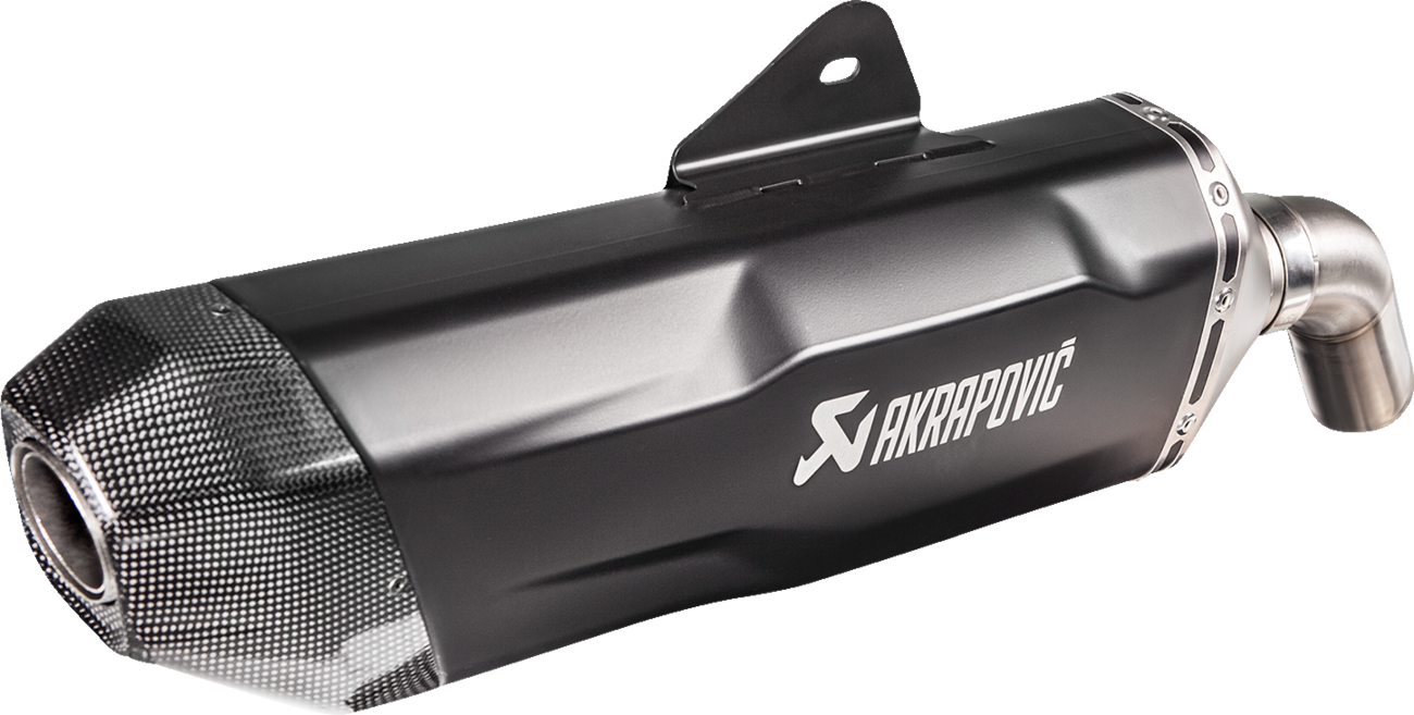 AKRAPOVIC slip-on line muffler for BMW F850GS in titanium black, showcasing sleek design and brand logo.