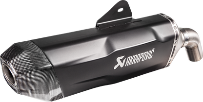 AKRAPOVIC slip-on line muffler for BMW F850GS in titanium black, showcasing sleek design and brand logo.