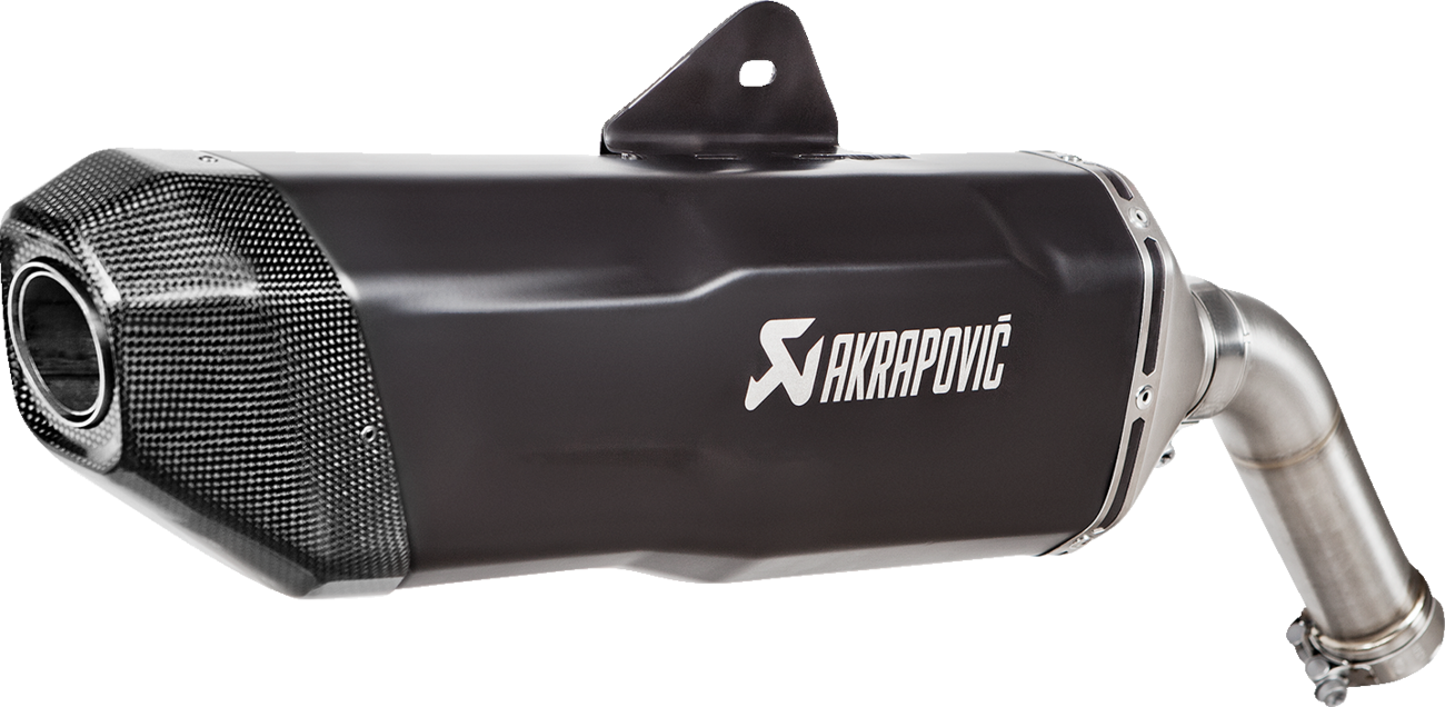AKRAPOVIC slip-on line muffler for BMW F850GS in titanium black, showcasing sleek exhaust design with branding details.
