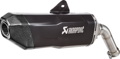 AKRAPOVIC slip-on line muffler for BMW F850GS in titanium black, showcasing sleek exhaust design with branding details.