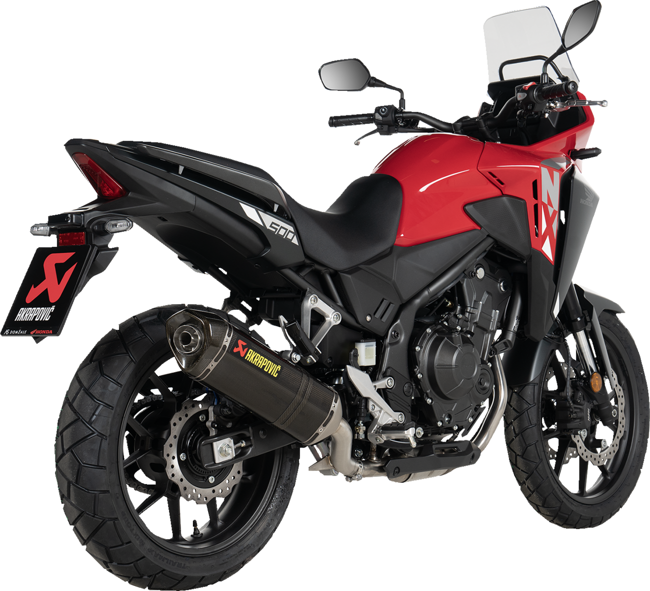 AKRAPOVIC Slip-On Line Muffler for Honda NX500 with carbon fiber finish, showcasing sleek design and branding details.