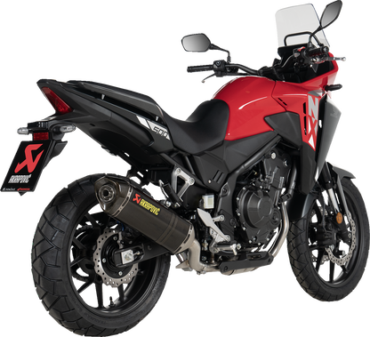AKRAPOVIC Slip-On Line Muffler for Honda NX500 with carbon fiber finish, showcasing sleek design and branding details.