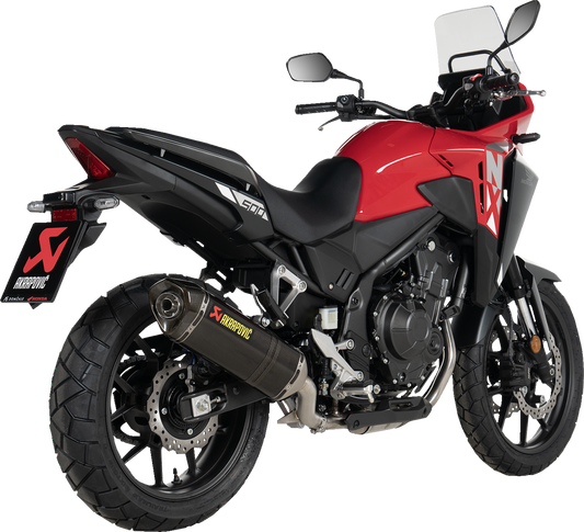AKRAPOVIC Slip-On Line Muffler for Honda NX500 with carbon fiber finish, showcasing sleek design and branding details.