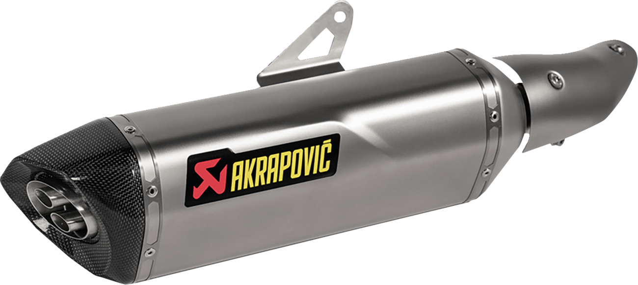 AKRAPOVIC Slip-On Line Muffler in titanium for Kawasaki Ninja 500, showcasing sleek motorcycle exhaust design.