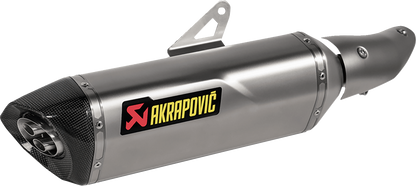 AKRAPOVIC Slip-On Line Muffler in titanium for Kawasaki Ninja 500, showcasing sleek motorcycle exhaust design.