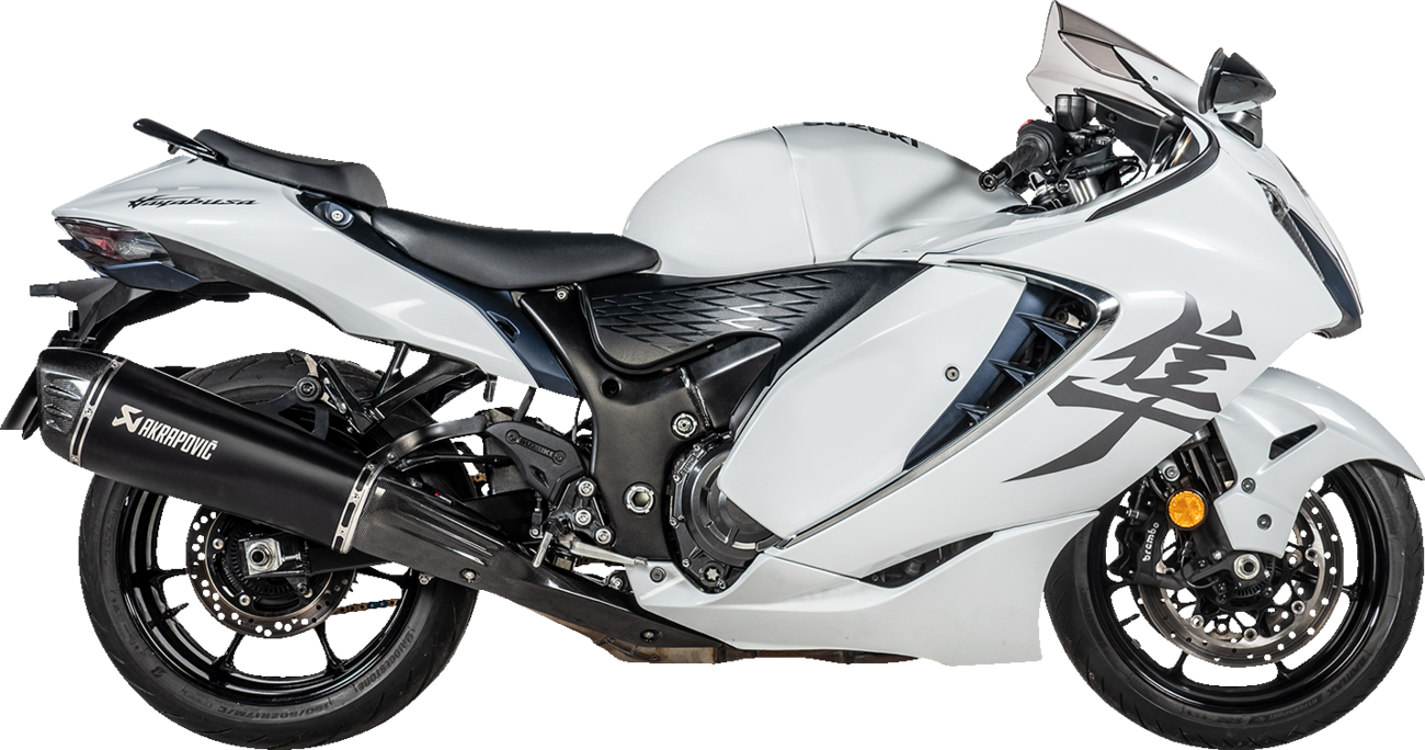 AKRAPOVIC Slip-On Line Mufflers in titanium black for Suzuki GSX-1300R Hayabusa motorcycle, showcasing sleek design and branding.