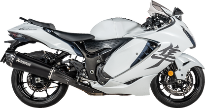 AKRAPOVIC Slip-On Line Mufflers in titanium black for Suzuki GSX-1300R Hayabusa motorcycle, showcasing sleek design and branding.