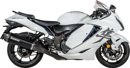 AKRAPOVIC Slip-On Line Mufflers in titanium black for Suzuki GSX-1300R Hayabusa motorcycle, showcasing sleek design and branding.