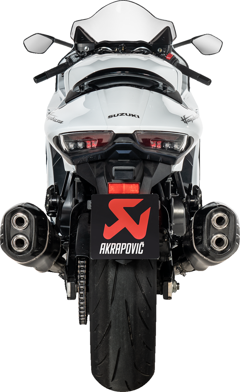 AKRAPOVIC Slip-On Line Mufflers in titanium black for Suzuki Hayabusa GSX-1300R, showcasing sleek exhaust design and finish.