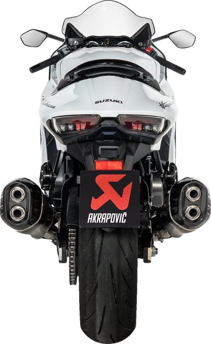 AKRAPOVIC Slip-On Line Mufflers in titanium black for Suzuki Hayabusa GSX-1300R, showcasing sleek exhaust design and finish.