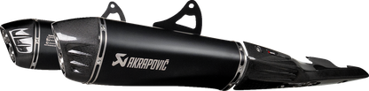 AKRAPOVIC Slip-On Line Mufflers in titanium black for Suzuki GSX-1300R Hayabusa motorcycle, showcasing sleek exhaust design.