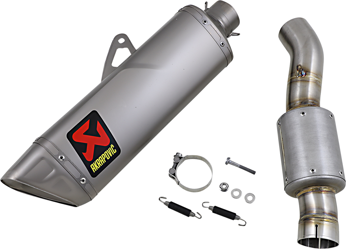 AKRAPOVIC Track Day Muffler Titanium S-H10SO25-APLT/TD for racing applications, shows sleek titanium racing muffler with branding.