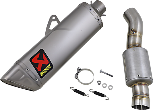 AKRAPOVIC Track Day Muffler Titanium S-H10SO25-APLT/TD for racing applications, shows sleek titanium racing muffler with branding.