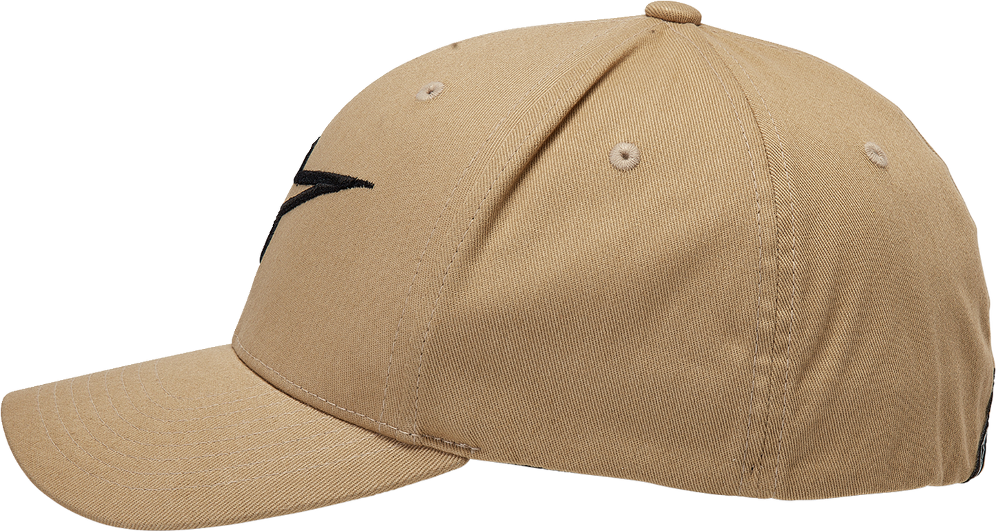 Alpinestars Ageless Curve Hat in sand and black, small/medium size, featuring a curved brim and adjustable strap.