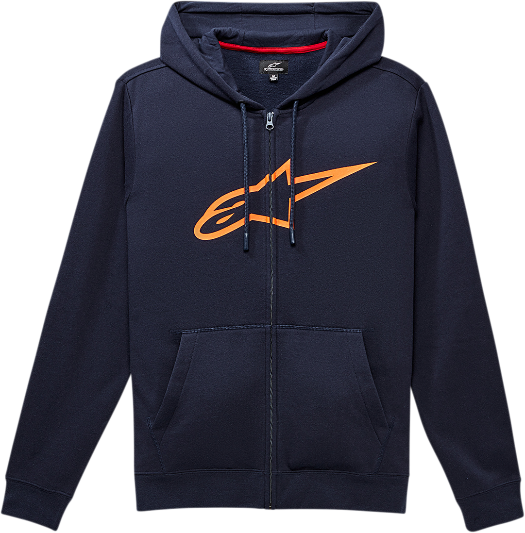 Alpinestars Ageless II Zip Hoodie in navy and orange, size XL, featuring a front zipper and casual fit.
