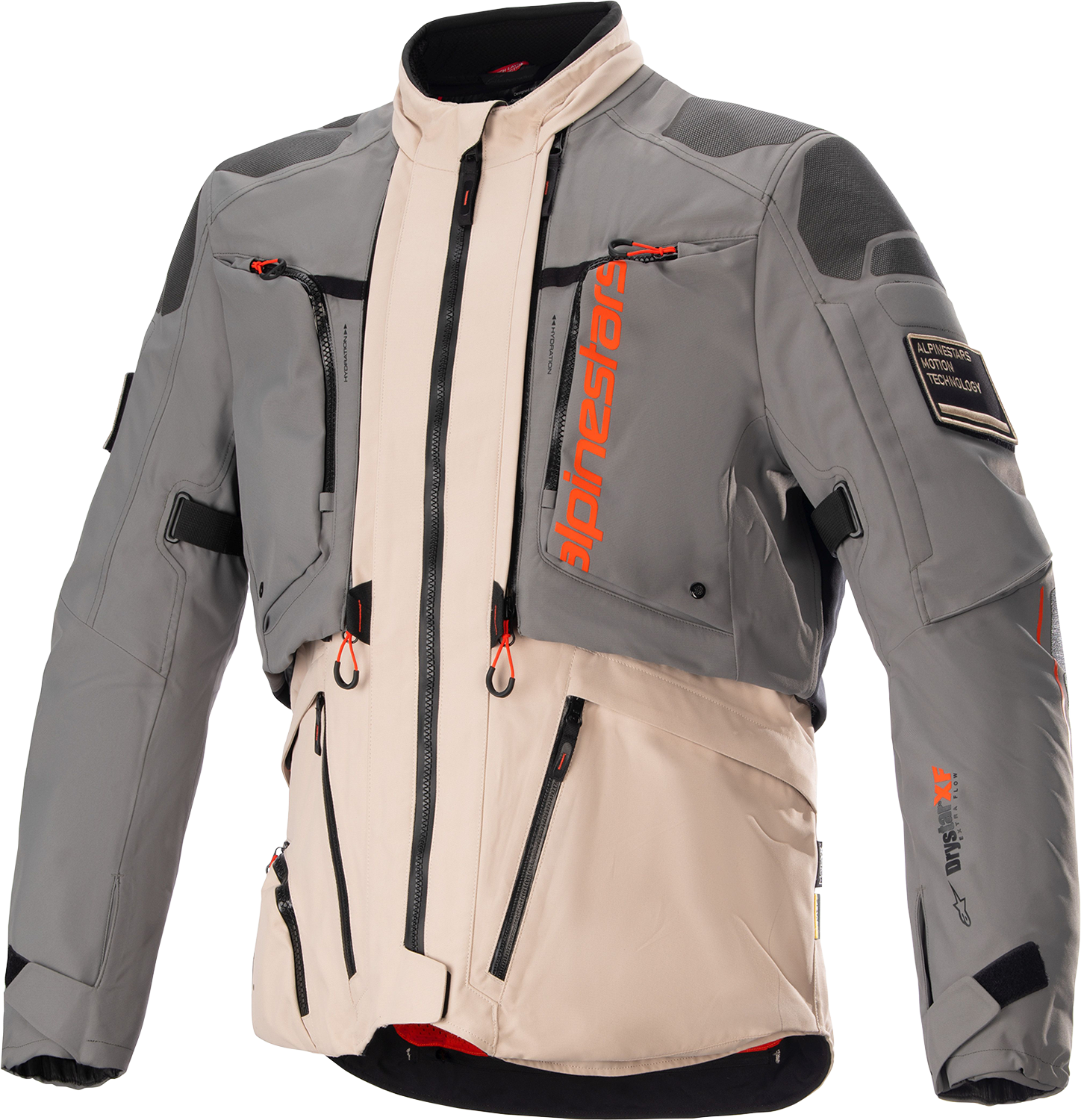 Alpinestars AMT-10R Drystar XF jacket in medium, featuring Fur Gray, Pale Brown, and Spicy Orange color blocks.