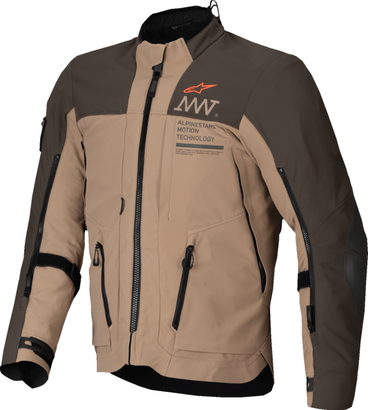 Alpinestars AMT-8 Stretch Drystar XF Motorcycle Jacket in dark brown and khaki, large size, with protective features and waterproof fabric.