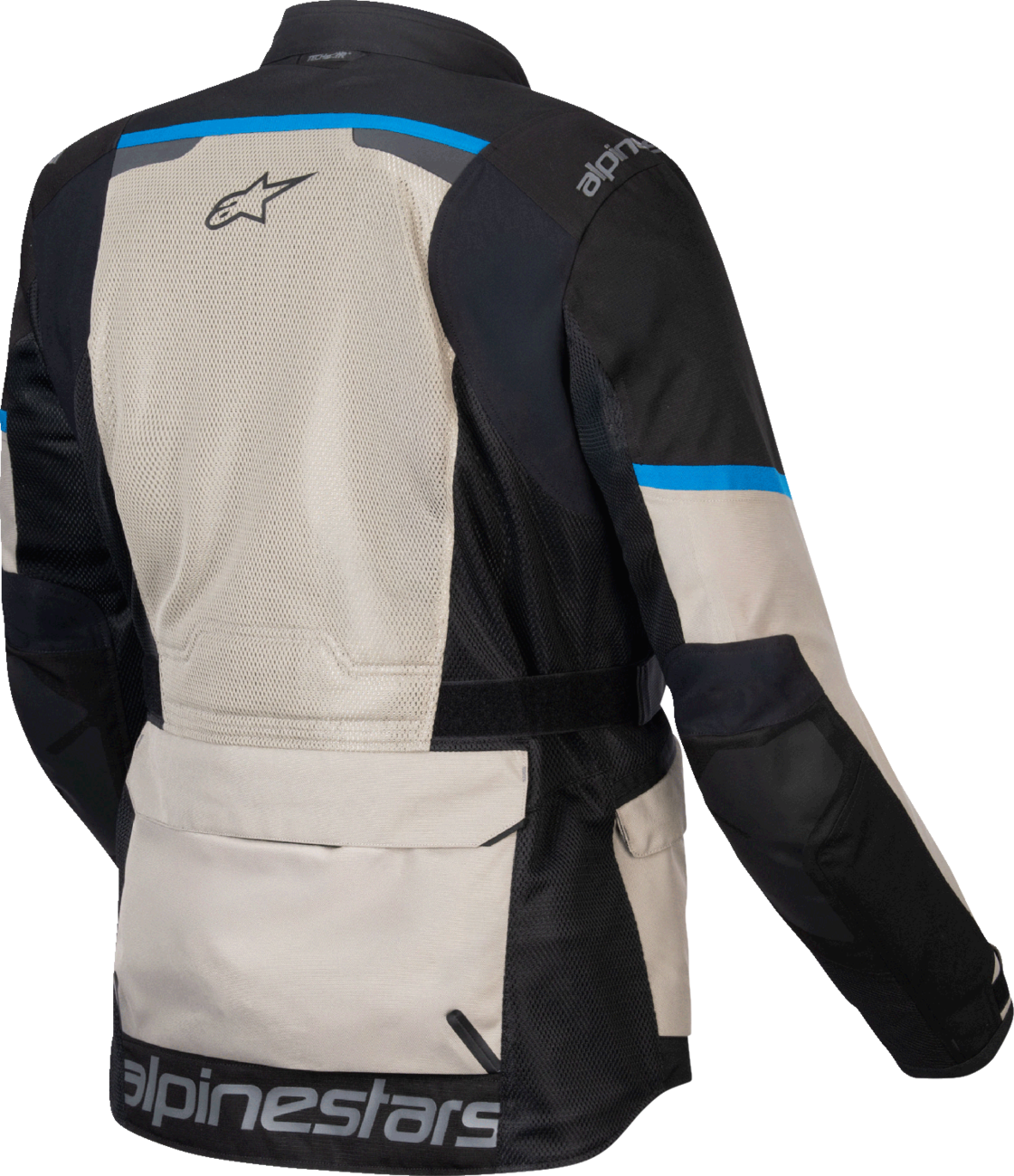 Alpinestars Andes Air Drystar® jacket in black, laurel gray, and bright blue, size 4XL, displayed on a hanger.