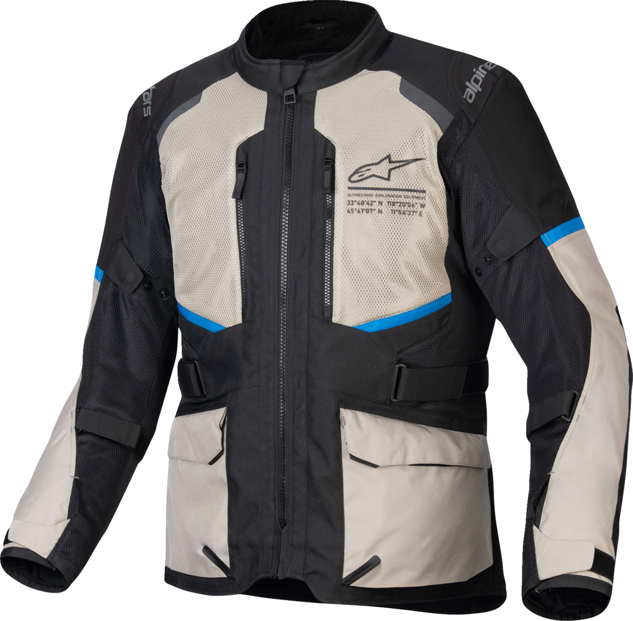 Alpinestars Andes Air Drystar jacket in black, laurel gray, and bright blue, size small, displayed on a hanger.