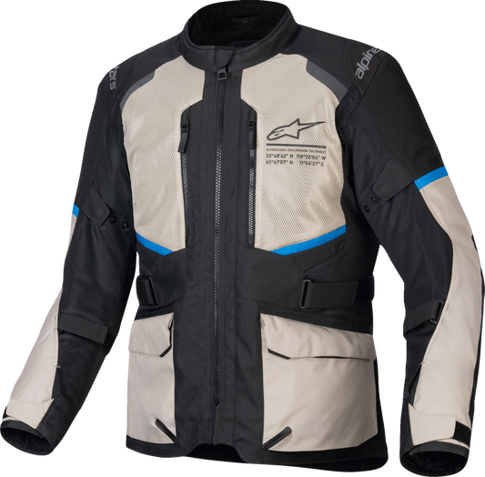 Alpinestars Andes Air Drystar jacket in black, laurel gray, and bright blue, size small, displayed on a hanger.