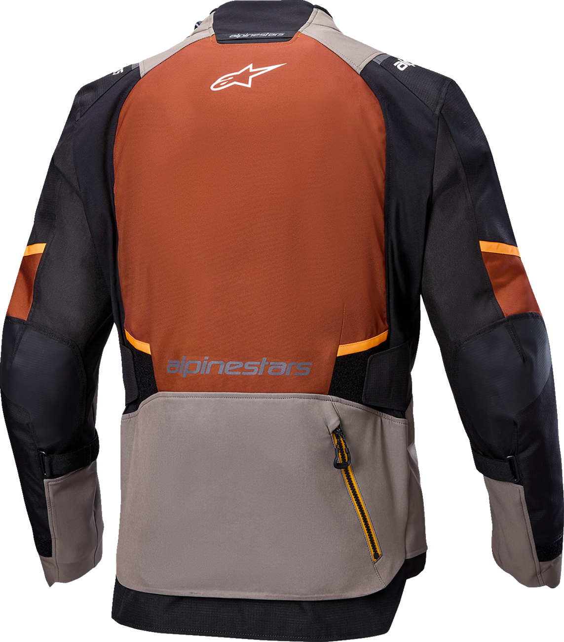 Alpinestars Andes v4 Drystar® motorcycle jacket in 2XL Walnut, Mastic, and Black showcasing waterproof riding gear with reflective accents.