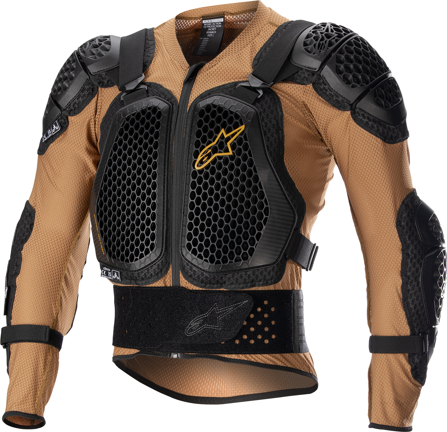 Alpinestars Bionic Action v2 protection jacket in camel and black, large size, with armored panels for motorcycling safety