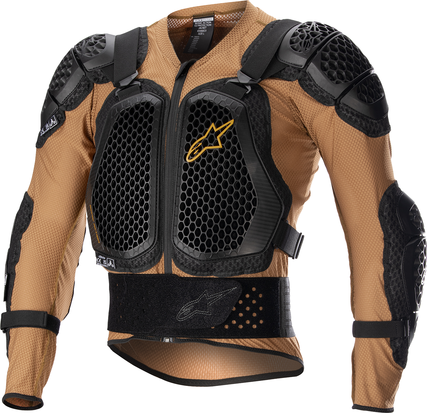Alpinestars Bionic Action v2 protection jacket in camel and black, large size, with armored panels for motorcycling safety
