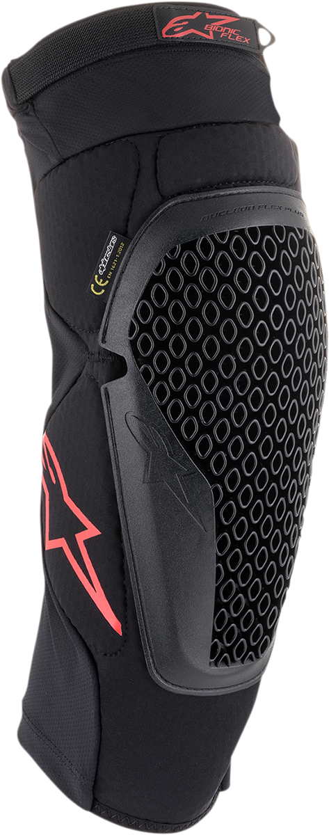 Alpinestars Bionic Flex knee protectors in size L/XL, black and gray, designed for motorcycle riding safety and impact protection.