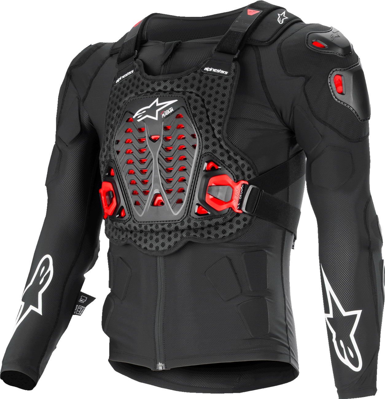 Alpinestars Bionic XTR Plasma Protection Jacket in black, red, and white, medium size, with protective armor visible on the shoulders and chest.