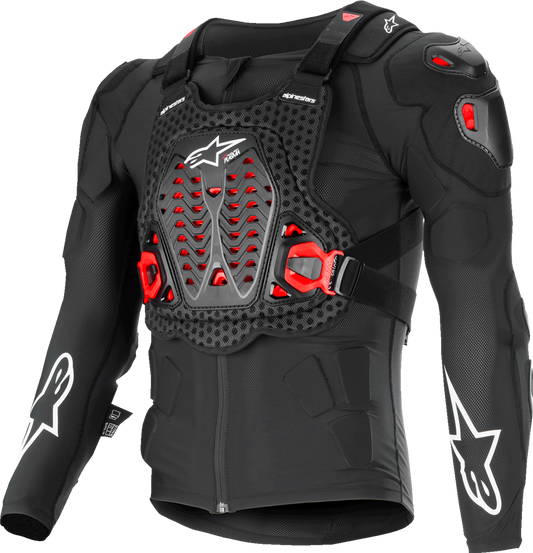 Alpinestars Bionic XTR Plasma Protection Jacket in black, red, and white, medium size, with protective armor visible on the shoulders and chest.