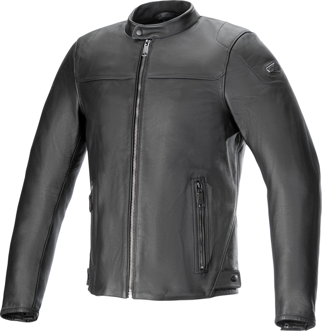 Alpinestars Blacktrack leather jacket in black, small size, featuring a sleek design with visible zippers and branding details.