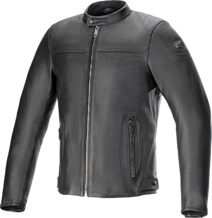 Alpinestars Blacktrack leather jacket in black, small size, featuring a sleek design with visible zippers and branding details.