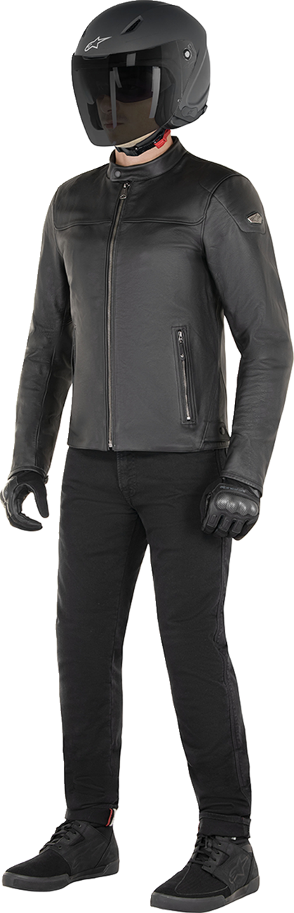 Alpinestars Blacktrack Leather Jacket in black, small size, featuring a sleek leather design with branding details.