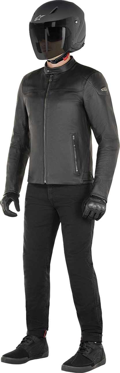 Alpinestars Blacktrack Leather Jacket in black, small size, featuring a sleek leather design with branding details.