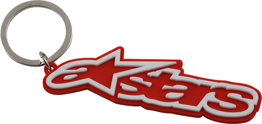 Alpinestars Blaze keychain in red and white with snap ring, featuring the ALPINESTARS logo and durable metal keyring.