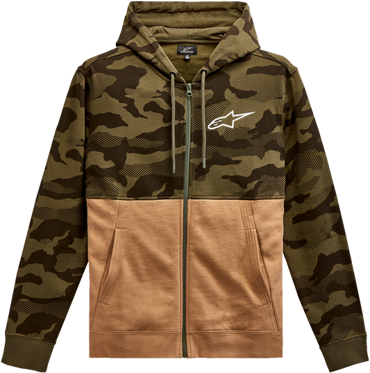 Alpinestars Camo Block Hoodie in 2XL Military/Sand, featuring a camouflage pattern and Alpinestars branding on the front.