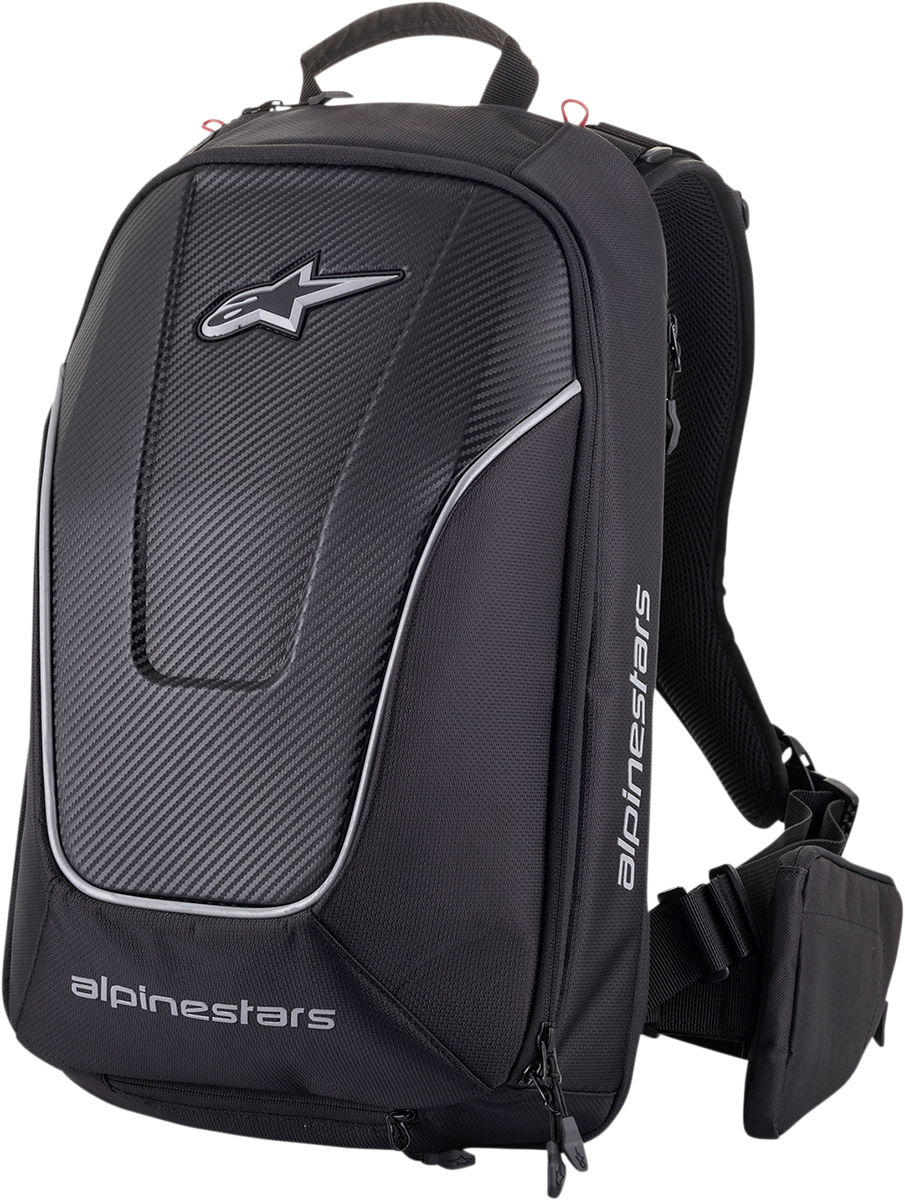 Alpinestars Charger Pro Backpack in black, designed for motorcycle riders, featuring adjustable straps and multiple compartments.