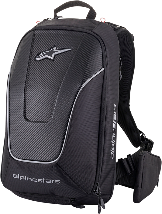 Alpinestars Charger Pro Backpack in black, designed for motorcycle riders, featuring adjustable straps and multiple compartments.