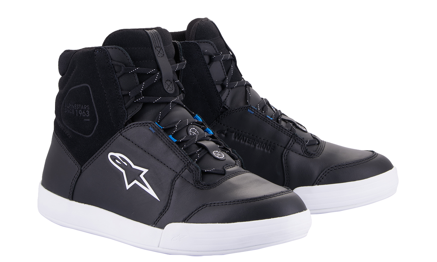 Alpinestars Chrome waterproof shoes in black and white, US size 10, EU 43, with sleek design and sturdy sole.
