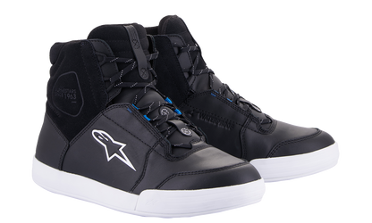 Alpinestars Chrome waterproof shoes in black and white, US size 10, EU 43, with sleek design and sturdy sole.