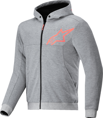 Alpinestars Chrome v2 Sport Hoodie in Heather Gray and Red Fluo, XL, featuring a stylish motorcycle riding design and comfortable fit.
