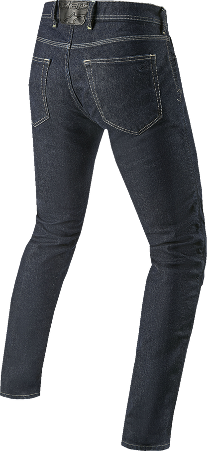 Alpinestars Copper V3 Denim Pants in blue, US 28 / EU 44, displayed with front and side view of the stylish motorcycle jeans