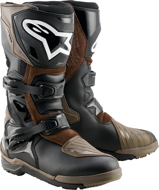 Alpinestars Corozal Adventure Drystar® motorcycle boots in brown and black, US size 10, with ankle protection and rugged design.