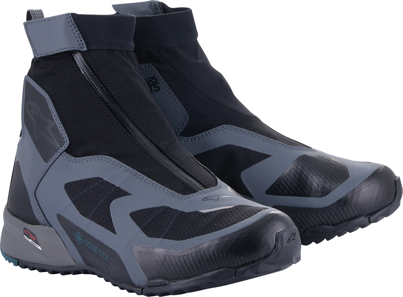 Alpinestars CR-8 Gore-Tex riding shoes in black, grey, and blue with sturdy design and riding sole, US 9.5 / EU 42.5.